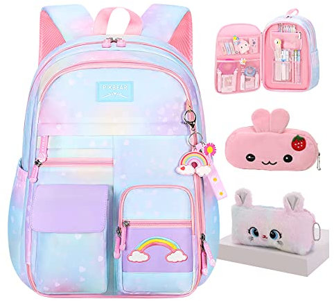 Jcobvig Rainbow Backpack For Girls Kids,Cute Student School Backpack With Pen Bag,Aesthetic Starry Rainbow Laptop Travel Bag, Blue, M, Backpack,travel