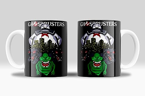 newseny Ghostbusters Tasse mit Slimer und Ghostbusters Mini Puff - Geschenk für Ghostbusters Fans | Keramik 355 ml (Mini Puff Tasse schwarzer Hintergrund)