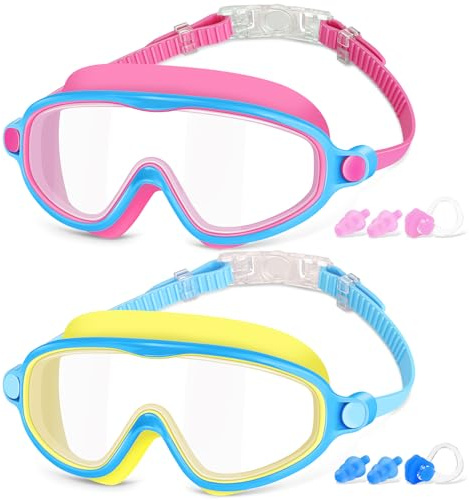 COOLOO Kids Swimming Goggles for Age 4-14, 2 Pack Wide Vision Kids Goggles | Childrens Swimming Goggles Anti-Fog UV Protection Waterproof 180° HD Vision for Junior Boys Girls