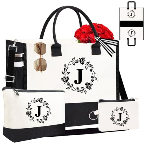Monogram Personalized Initial Canvas Tote Bags for Women, Double-sided Embroidery Monogrammed Tote Bags Gifts for Women