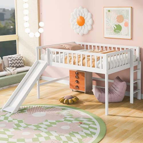 Favfurish Lit mezzanine bas avec échelle et toboggan, cadre de lit vertical en bois, pour enfants et jeunes adolescents, pas de sommier tapissier nécessaire, gain de place, blanc