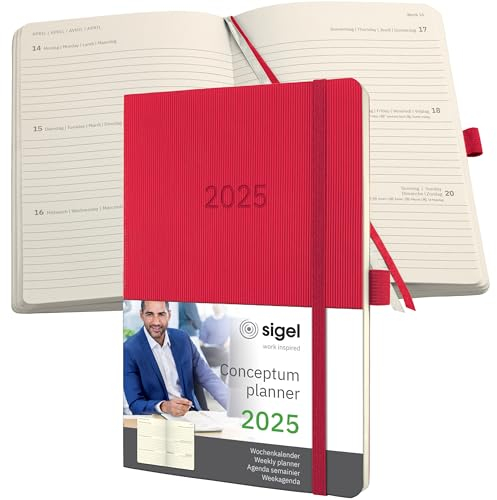 SIGEL C2534 Wochenplaner Wochenkalender 2025, ca. A5, rot, Softcover, 192 Seiten, Gummiband, Stiftschlaufe, Archivtasche, aus nachhaltigem Papier, Conceptum