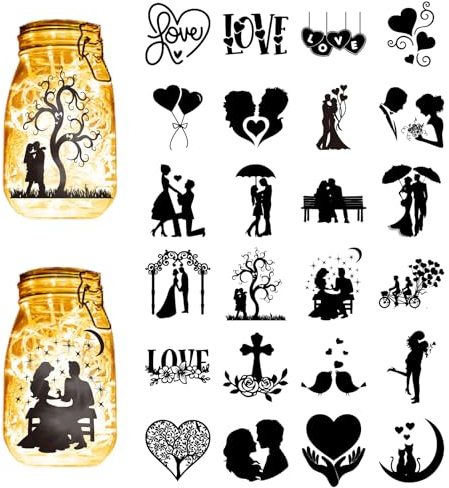 CREATCABIN 24Pcs Lovers Silhouettes Mason Jar Decor PVC Laser Die Cut Silhouettes Wedding Cutouts Scrapbook Cardboard Silhouette Ornaments for Jars Lantern Frosted Window Glass 4x3.5Inch-No Sticker
