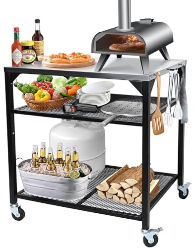 Hisencn Chariot de table de four à pizza pour feu de bois ninja, pierre noire, four à pizza Cuisinart, support de barbecue portable en acier inoxydable, chariot de préparation des aliments mobile