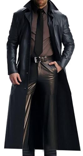 Men's Faux Leather Duster Coat Motorcycle Riding Long Leather Trench Coat