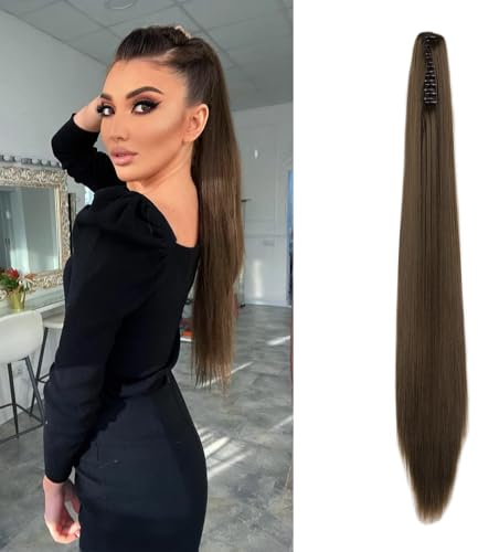 Cybelleza Coleta Postiza con Pinza Extensiones de Clip de Pelo Natural 55cm Extensiones de Cabello liso Sintético lacio Ponytail Largo Cola Claw (Castaño)