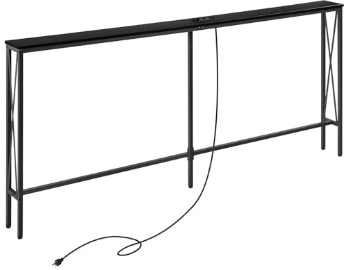 ELYKEN Table console étroite de 15 cm avec prises de courant, 15 cm de profondeur x 70,9 cm de large x 80,9 cm de haut, derrière le canapé avec station de charge et rallonge de 2,5 m, noir
