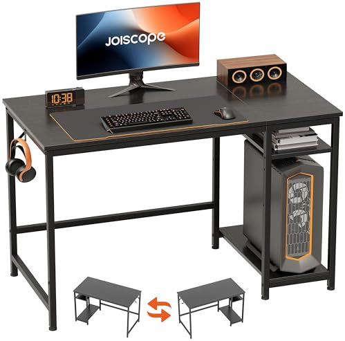JOISCOPE Home Office Tavolo da Gioco con Rack di Stoccaggio, Piccolo Computer Tavolo da Ufficio con Tavolo, Moderno Computer Tavolo, Studio e Tavolo da Scrittura, 120cm, Nero
