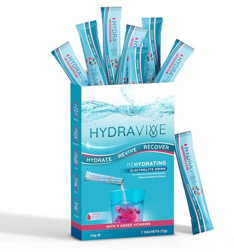 Hydravive® Rehydration Electrolytes Powder - High Strength Vitamin C and All 8 B Vitamins: B1, B3, B5, B12 Supplement Sachet Drink - Effervescent Electrolyte Hydration Tablets - 7 Pack Berry Blast