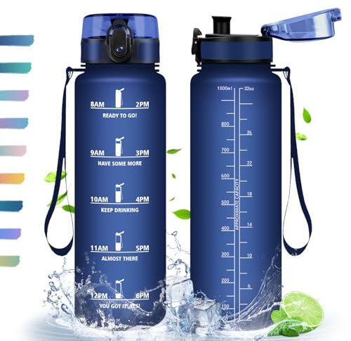 Gourde, 1L, Gourde Sport, Gourde Filtre et Marqueur de Temps, Sans BPA, Bouteille d'eau pour Sport, Fitness, Yoga, L'école, Bureau