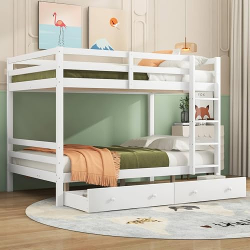 KOMHTOM Etagenbett mit Leiter mit rechtwinkliger Ecke und 2 Aufbewahrungsschubladen, 140 x 200 cm, Holzbett mit Sicherheitszaun, Bettgestell, Lattenrost (ohne Matratze) (weiß)