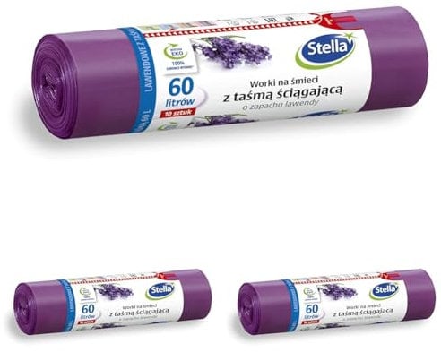 STELLA 009909 Müllbeutel mit Zugband 60 L | 10 Stück | Lavendelduft | Müllsack Mülltüte Abfallsäcke für Den Hausmüll Büro aus LDPE-Folie Hergestellt/aus Regranulat Farbe: Lavendel/Violette