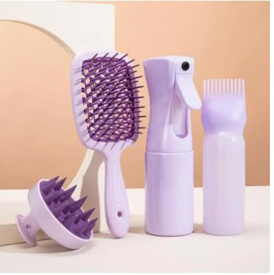 4-Piece Hair Styling Tool Set - Salon Hairdressing Accessories Kit with Scalp Massage Comb, Shampoo Brush, and Spray Bottle for Hair Oil Application and Water Spraying