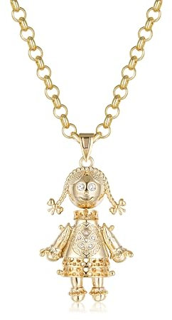 5mm Gold 3D Rag Doll Pendant Necklace With Clear Stones, 22-Inch, 46g, Gold Plated - Bling King London