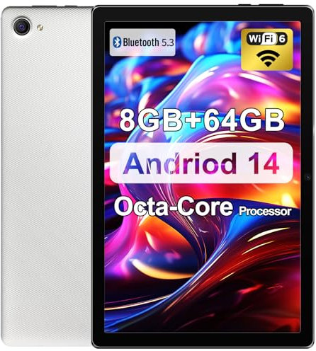 Tablette, Tablette 10 Pouces, Tablette Android 14, 8 Go de RAM, 64 Go de ROM, 1 To d’Extension, Processeur Octa-Core, Écran Tactile LCD HD, WiFi 6, Double Caméra, BT 5.3, Batterie à Longue Autonomie