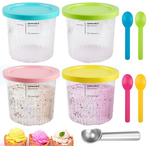 SUNOYA Accessoires Pour Sorbetière: 4 Tasses À Crème Glacée Motif Vague, Convient Pour Ninja Creami, Préparer Glaces, Smoothies, Gelées, Milkshakes, Pour Maison, Fêtes (Rose, Bleu, Jaune, Vert)