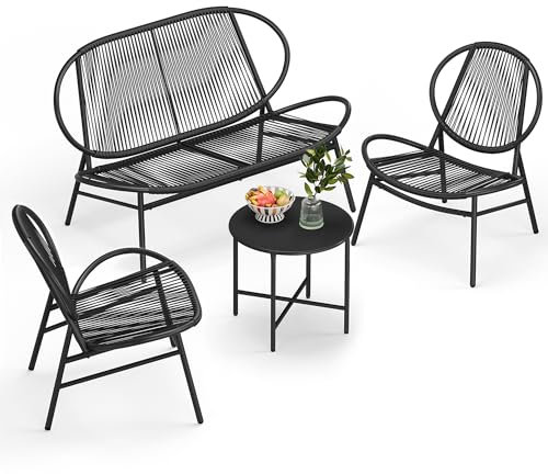 SONGMICS Gartenmöbel-Set, 4er Set, Balkonmöbel, aus PE-Polyrattan, Outdoor, mit Gartenbank, Tisch, Stühlen, für Terrasse, Garten, Balkon, tintenschwarz GGF0126B01
