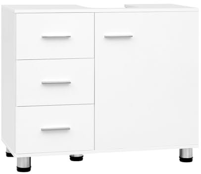 EUGAD Armario de Baño, Mueble Auxiliar Baño con 3 Cajones, Mueble Bajo Lavabo, Estante Ajustable, Blanco, 5 Patas Robustas, 70x60x30 cm