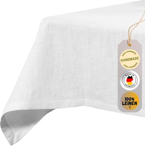 chambry Tischdecke 100% Leinen Stonewashed – Handarbeit Made in Germany – Größe und Farbe wählbar – hochwertige und nachhaltige Tischwäsche aus Naturmaterial - Weiß 130cm x 340cm