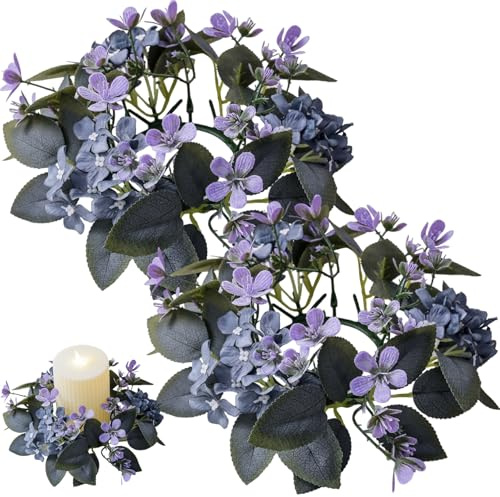 Candle Wreath Rings, 2pcs Artificial Purple Hydrangea Candle Rings, Pillar Candles Holders for Holiday Home Tabletop Decorations