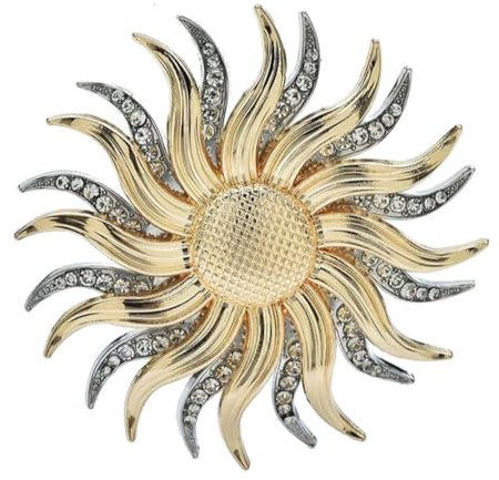 Broche bijou grand soleil doré et argenté en acier inoxydable.