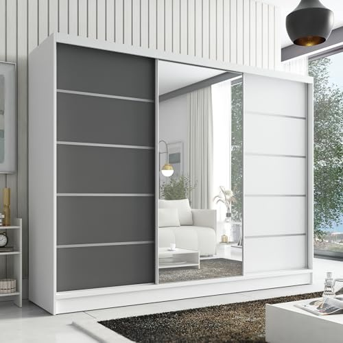 A&J MöbelLand Kleiderschrank Aurelia 1 – Schwebetürenschrank 200 cm breit mit Spiegel, 3-türig, Kleiderschrank mit Schubladen, Schiebetürenschrank für Schlafzimmer oder Garderobe