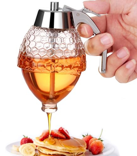 Honey Dispenser, 8oz Honey Dispenser No Drip Glass with Stand, Honey Container & Coffee Syrup Dispenser for Tea Time & Gifting, Elegant Honeycomb Honey Jar - Honey Pot Bottle for Maple Syrup Bee