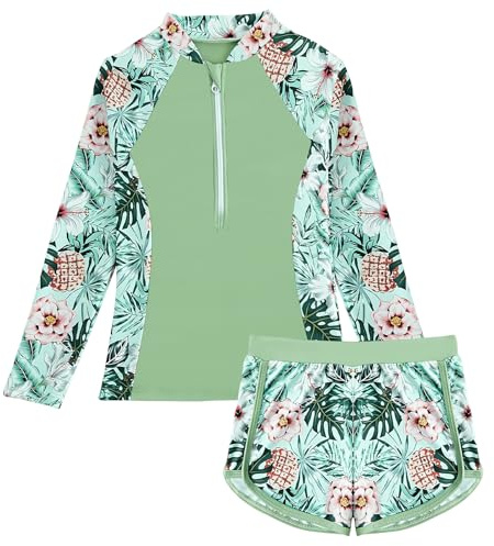SEAUR Mädchen Rashguard Set 1/2 Zip Schwimmshirt Badeshorts Zweiteiliger Badeanzug Sonnenschutz Badebekleidung Kinder Langarm Schwimmanzug - 140