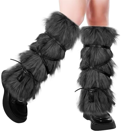 JIAHG Womens Faux Fur Leg Warmers 16inch Long Fluffy Boot Cuffs Covers with Straps Costume Furry Leg Gaiters Wraps for Halloween Fancy Dress Rave Winter Cosplay (Black-grey, One size)
