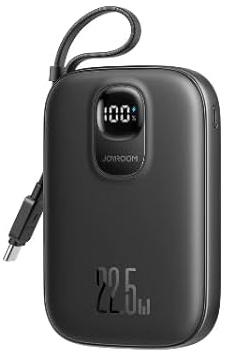 JOYROOM 10000mAh Powerbank mit USB-C & Kabel - Schwarz, 22,5W, Schnellladefunktion, Kompakt, Integriertes USB-C-Kabel