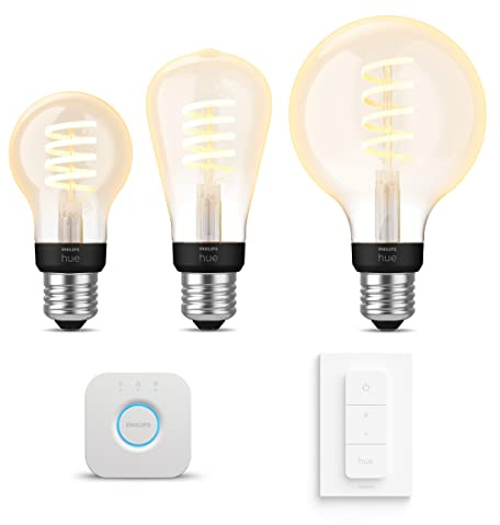 Philips Hue Starterpaket - E27 - mit 3 Filament Lampen Mix - Warm bis Kaltweißes Licht - inkl. 1 Hue Bridge, 1 Hue Dimmschalter - Hue White Ambiance Filament