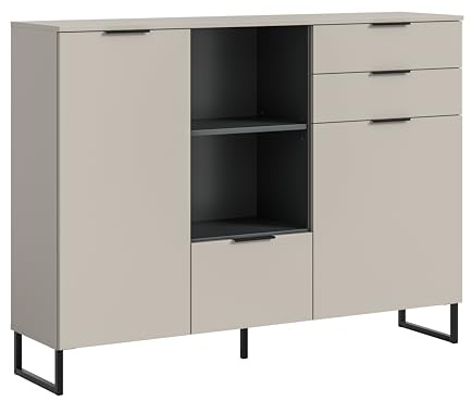 xonox.home – Highboard Noida 150x112x37 cm in Kaschmir Nachbildung und Schwarz – Stilvolles Wohnmöbel mit viel Stauraum – modernes Design für Wohnzimmer & Essbereich