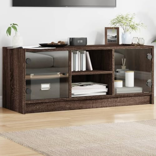 SKTQYQO TV-Schrank aus braunem Eichenholz, 102 x 37 x 42 cm, mit Glastüren, großer Stauraum für DVD-Magazine, klassischer TV-Schrank aus Holz, mehrschichtig, strapazierfähig,