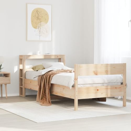 Qnhdfrt Massivholzbett 90x190 Kiefer Jugendbett mit Kopfteil und Ablage Modernes Einzelbett ohne Matratze für Schlafzimmer Jugendzimmer Gästezimmer