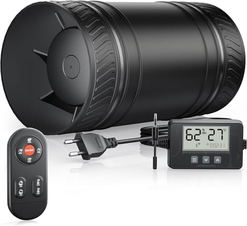 MOCINE Ventilador en línea Ø100 mm con 6 velocidades, sensor de temperatura y humedad, mando a distancia, encendido y apagado automático, funcionamiento silencioso, ideal para sótanos