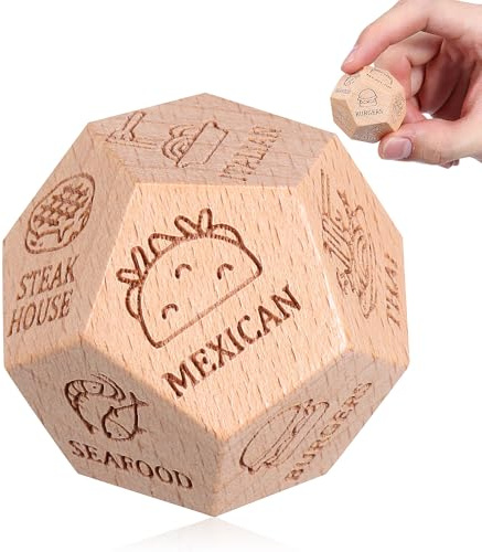 CVUTOVO Holz Würfel zur Essensentscheidung 3X3cm Mehrseitig mit Klarer Gravur Spielwürfel für Paare Familien Party