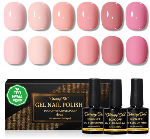 Shining She UV Nagellack TPO-FREE HEMA-FREE, 6 Farben Hellrosa Nude Rosa Pfirsich Leuchtendpink Gel Nagellack Set Soak-Off UV Gel Nail Polish für Anfänger Frühling Sommer Nail Art DIY, 8ml