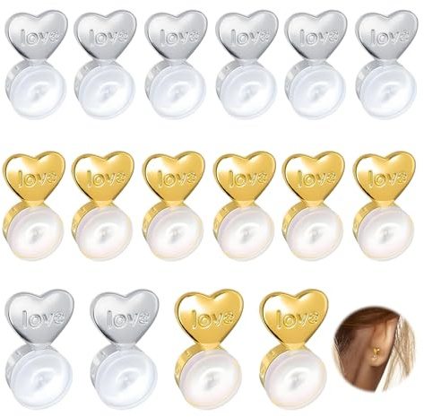 Lot de 16 Fermoir Boucles d'Oreilles Silicone Cœur, Attache Support Boucle d'Oreille pour Oreilles Tombantes et Lourdes, Hypoallergénique Earring Backs Lifters Sécurisés Accessoires Bijoux (Or/Argent)