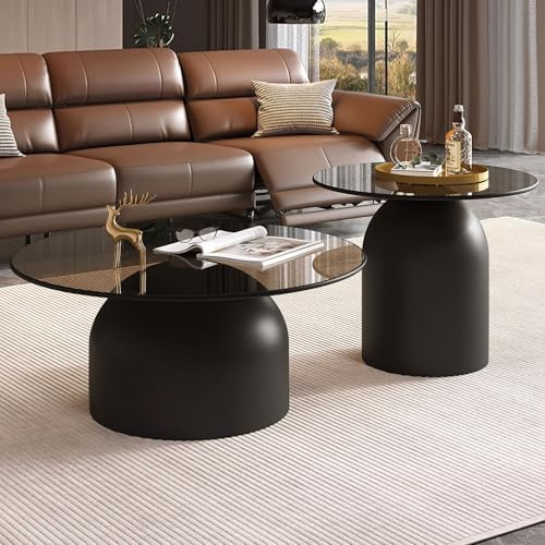 NEHCFO Set Mesas Nido Redondas 2 Piezas, Mesa de Centro Redonda de Cristal Templado Ahumado, Mesa Auxiliar Moderna de Diseño para Salón, Base Metálica(Black+Black)