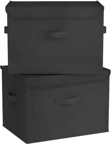 Stackable Storage Boxes with Lids, 2 Pack Large Wardrobe Organiser 37.8L | Foldable Black Shelf Basket, 3 Sturdy Handles, Fabric Containers for Clothes, Towel, Toy, Office, Bedroom Space Saver XL