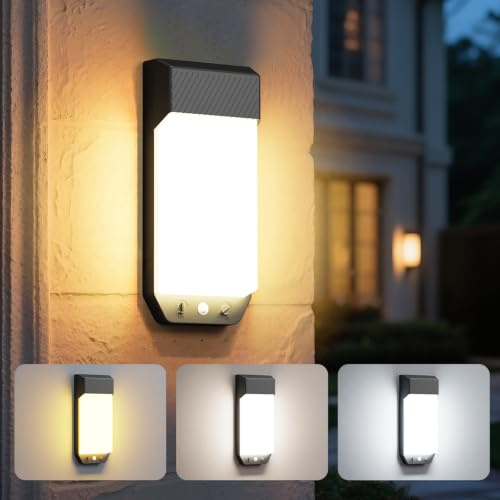 LOTMOS Lot de 1 Applique Murale Exterieure Detecteur de Mouvement | 3 Couleurs 3000K/4000K/6500K LED Eclairage Exterieur IP65 Etanche, 16W 1600LM Lampe Murale pour Terrasse Entrée Jardin, Noir