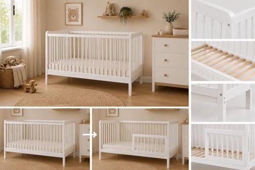 Baby Happy Bliss Kinderbett Sasha 120x60 cm aus Buchenholz, umbaubar zum Juniorbett mit Rausfallschutz, EN 716 geprüft, 3-Fach höhenverstellbar (Weiß)