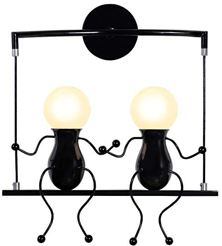 KAWELL Humanoid Kreative Wandleuchte Moderne Wandlampe Einfache Kerzen Wandleuchten Art Deco Max 60W E27 für Kinder Zimmer, Schlafzimmer, Treppen, Flur, Restaurant, Küche, Swing Schwarz x2
