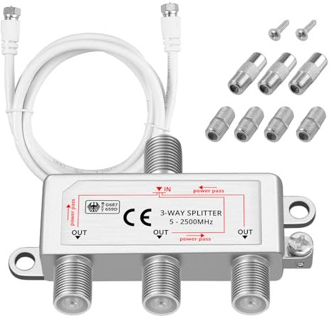 Neoteck 3 Way Sky Cable Splitter Satellite TV Aerial Cable Splitter Kit F Connector Male to Female Broadhand Splitter with 1.5m Coax Cable F Plugs