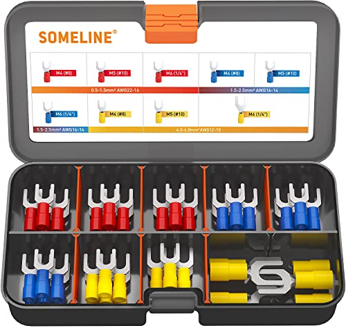 SOMELINE Connettori Elettrici, 9 tipi Connettori Capicorda Elettrici, Capicorda dimensioni 0,5-6mm²,Terminali elettrici in PVC, Capicorda in Rame Stagnato ad Anello, Connettore a Forcella