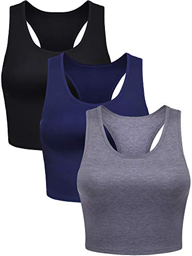 3 Stück Damen Baumwolle Basic Ärmellos Racerback Crop Tank Top Sport Crop Top für Tägliche Tragen (Schwarz, Marine, Grau, M)