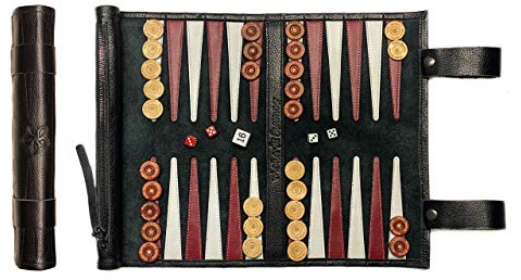 Melia Outlet Rollbares Backgammon aus Leder – Premium Reise Backgammon Set – Handgefertigt in Deutschland – Luxus Brettspiel zum Rollen (B-Ware oder Restposten) SCHWARZ