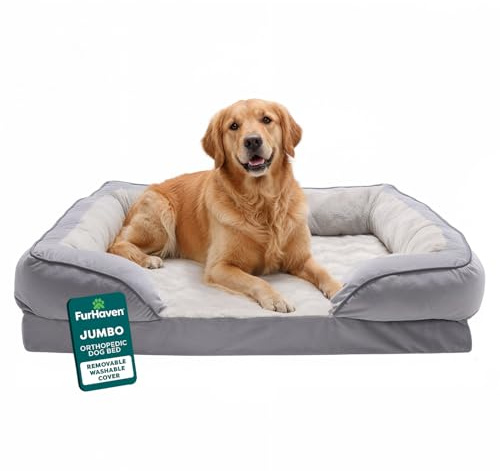 Furhaven Orthopedic Dog Bed for Large Dogs w/ Removable Bolsters & Washable Cover, For Dogs Up to 95 lbs - Plush & Velvet Waves Perfect Comfort Sofa - Granite Gray, Jumbo/XL