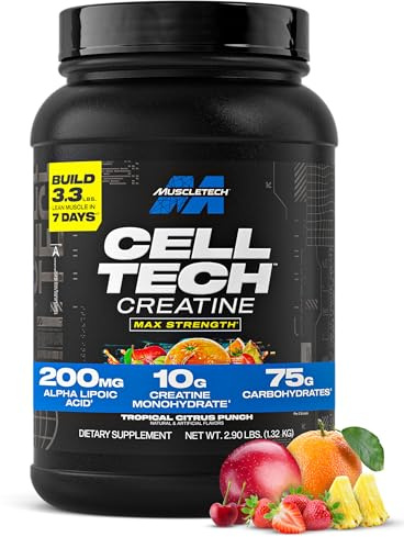 MuscleTech Creatine Monohydrate Powder - Cell-Tech Creatine Powder Post Workout Recovery Drink, Muscle Builder & Musclebuilding Supplement - Tropical Citrus Punch, 3 lbs (27 Serv) - Packaging May Vary
