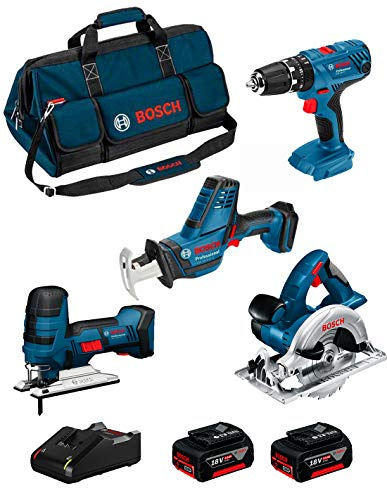BOSCH Kit 18V BK404BAG (Scie Sabre GSA 18 V-LI C + Scie Sauteuse GST 18 V-LI S + Scie Circulaire GKS 18 V-LI + Perceuse à Percussion GSB 18V-21 + 2 Batteries de 5,0 Ah + Chargeur + Sac)